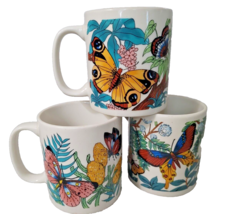 Set 3 Vintage Coffee Mugs Butterfly Flowers Imported McCrory Stores - £12.25 GBP