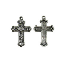 50pcs of Antique Silver Heart and Swirls Metal Cross Pendant - $24.98