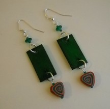Green Wood Clay Beaded Earrings Handcrafted Unique OOAK Pierced Dangle Painted - £38.28 GBP