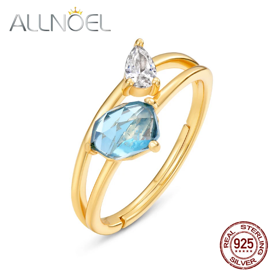 925 Silver Adjustable Ring Blue Topaz Gems Gold Couple Marriage Luxury Wedding F - $50.50