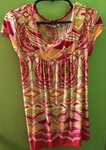 Philly Retro Girl&#39;s Sz. 7 Abstract Medallions Tunic Top Dress Fushia Lime Red Or - £10.78 GBP