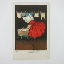 Postcard Sunbonnet Girls Red Dress Hang Laundry Days of Week Monday Antique 1905 - £7.87 GBP