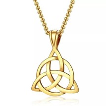 Mens Gold Celtic Triquetra Triangle Trinity Knot Pendant Necklace Chain 24&quot; Gift - £9.45 GBP