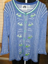 Storybook Sweater Cardigan Blue White With Green Wales Pearl Accent M - £32.45 GBP