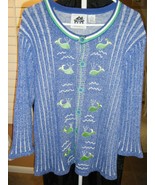 STORYBOOK SWEATER CARDIGAN BLUE WHITE WITH GREEN WALES PEARL ACCENT M - £32.57 GBP