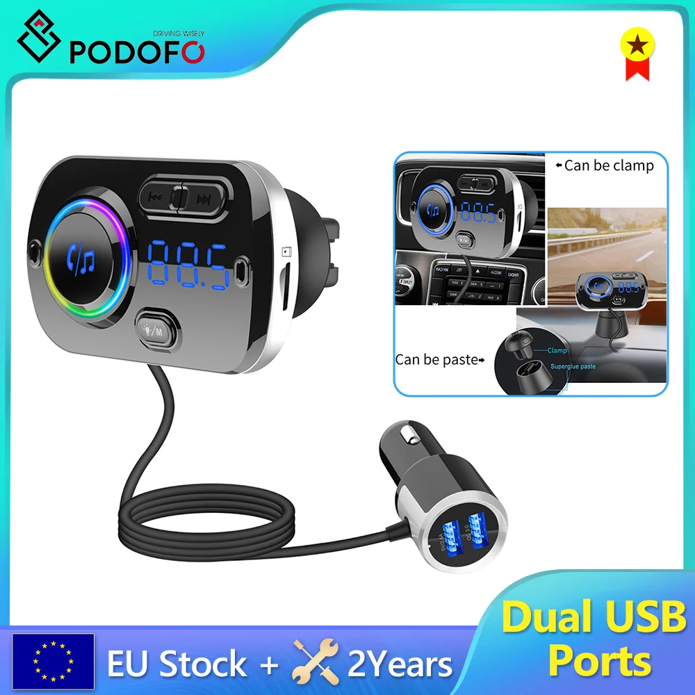 Podofo Bluetooth 5.0 FM Modulator Transmitter 2.4A USB Car Charger Hands... - £13.74 GBP