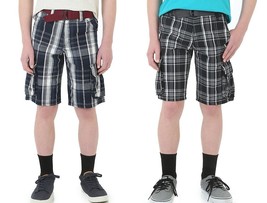 Wrangler Boys Navy or Black Plaid Cargo Shorts with Belt Sizes 4 10 12 1... - $11.89