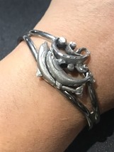 Vintage Pewter Dolphins Cuff Bracelet With Silver Tone EJC 95 - £19.65 GBP