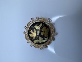 Vintage Gold Black Damascene Bird Flower Brooch 3.6cm - £15.48 GBP