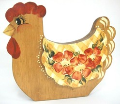 Vintage Wooden Chicken Hen Plaque Tole Painted 9&quot; x 10&quot; Rust &amp; Green Flowers - £7.40 GBP