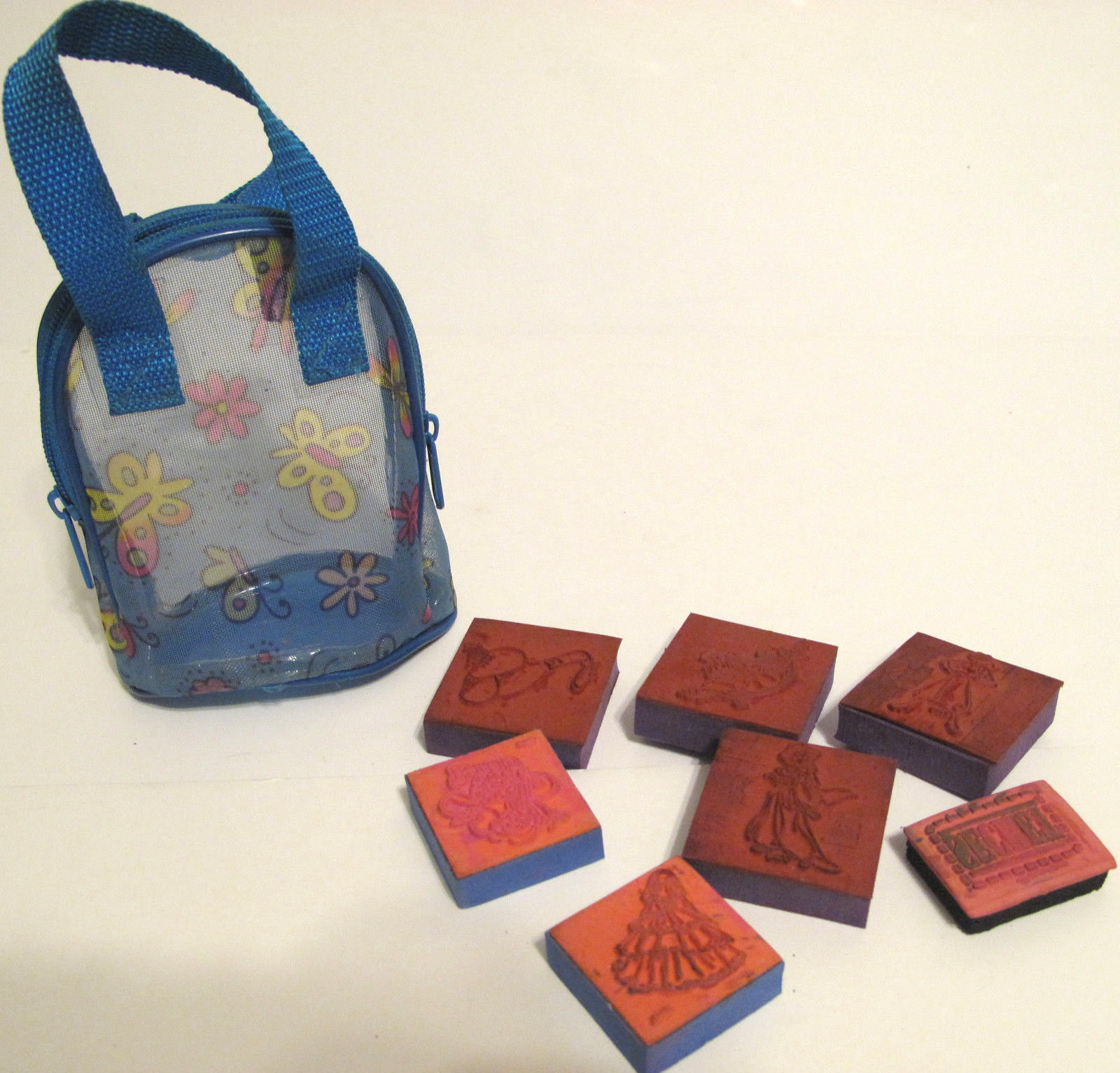 Rubber Ink Stamps Set of 8 in a Blue Butterfly Plastic Mesh Bag - $6.52