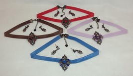 Faux Leather Choker w/Diamond-Shaped Pendant And Earrings ~ Choice of Colors - £4.70 GBP