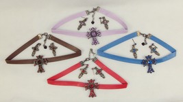 Faux Leather &amp; Gemstone Choker w/Cross Pendant And Earrings ~ Choice of Colors - £6.28 GBP