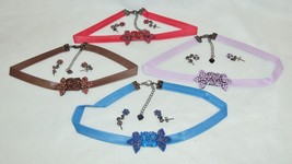 Faux Leather & Gemstone Choker Bowtie Pendant And Earrings ~ Choice of Colors - $7.95