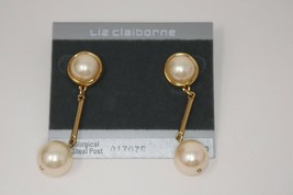Liz Claiborne Gold Tone Faux Pearl Dangle Earrings - £25.53 GBP