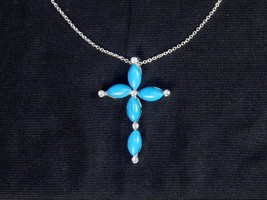 Cross Necklace ~ Winter Blue Faux Gemstones, 6 CZs, Chrome Frame, 18” Chain, Box - £5.44 GBP