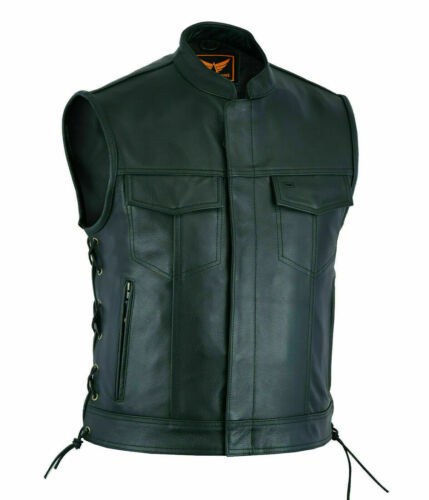 Gilet Giacca Uomo In Pelle Biker Nero Chopper Patch (7XL