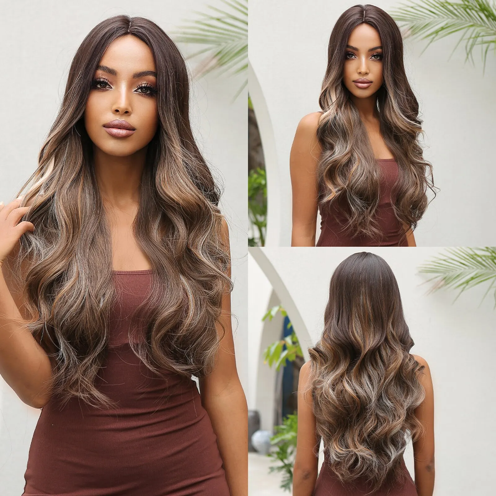Synthetic Ombre Brown Wig Long Body Wavy Wigs for Black Women Middle Pa - £14.44 GBP+