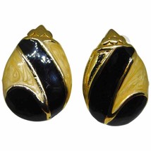 Retro Cream &amp; Black Enamel Earrings Teardrop Shaped Back Gold Tone 1.5&quot; X 1&quot; VTG - £7.82 GBP