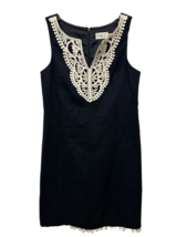 Eliza J Navy Blue Linen V-Neck Embroidered Dress Preppy Summer Size 4 - $29.69