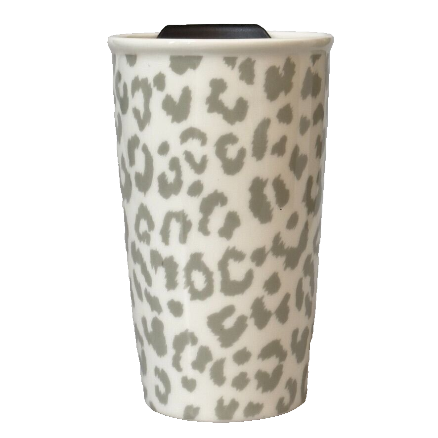 Home Essentials & Beyond Travel Mug Ceramic Gray Cheetah Print Coffee Cup w/ Lid - $8.09