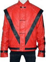 Micheal Jackson Thriller Red Black Striped Cowhide Leather Jacket All Si... - $161.99+