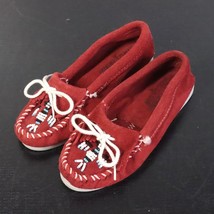 Minnetonka Womens 5 Red Thunderbird Beaded Leather Fringe Slip-On Moccasin Shoes - £11.21 GBP