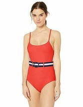 Jessica Simpson Belted Ribbed One-Piece Swimsuit Size Large L Red Navy New - £26.86 GBP