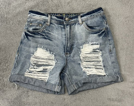 HOT KISS Women&#39;s Juniors Cuffed Distressed Cotton Blend Denim Blue Shorts-Size 5 - £11.62 GBP