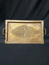 Beautiful Antique Brass Etched Hammered Floral Flowers Serving Tray With... - £36.71 GBP