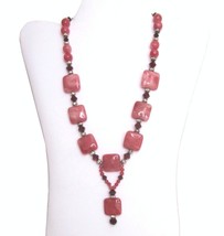 Rhodonite Pink Necklace Ruby Red Bead and Rhinestone Square Stone Bead vtg QVC - £30.89 GBP