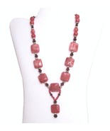 Rhodonite Pink Necklace Ruby Red Bead and Rhinestone Square Stone Bead v... - £31.34 GBP