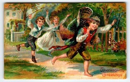 Thanksgiving Postcard Boy Running With Large Turkey On His Back Saxony 741 - £7.88 GBP