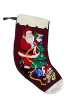 Midwest Christmas Stocking Needle Point Santa &amp; Christmas Tree Green Velvet Back - £15.80 GBP