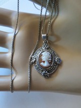 Vtg Sterling Silver Shell Cameo Pendant Necklace Hematite Carved Box 18&quot;... - $69.00