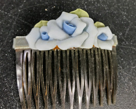 Vintage Ceramic Floral 2 1/2 &quot; Blue Side Comb Barrette Hair Clip - $12.56
