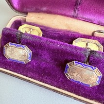 Art Deco 14k Gold Blue Enamel Ornate Cufflinks Cuff Link Antique w/ Box - £408.52 GBP