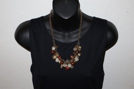 Chunky Necklace Brown Gold Tone Wood Glass Plastic Cluster Bead Chain Ch... - $12.99