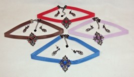 Faux Leather Chokers w/Diamond-Shaped Pendants And Earrings ~ 4 Sets/4 Colors - £6.92 GBP