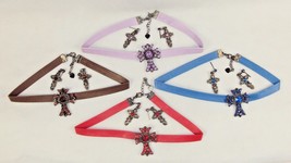 Faux Leather &amp; Gemstone Choker w/Cross Pendant And Earrings ~ 4 Sets / 4 Colors - £6.92 GBP