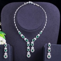 Elegant Green Waterdrop CZ Crystal Long Leaf Pendant Luxury Bridal Wedding Neckl - £52.52 GBP