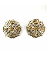 Gold Tone 1&quot; Medallion Filigree Orange Rhinestone Pushback Boho Costume - €2,59 EUR