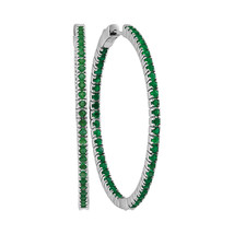 14k White Gold Round Emerald Large Slender Inside Outside Hoop Earrings 3 Cttw - £1,415.66 GBP