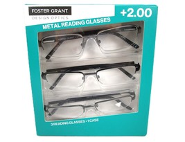 Foster Grant +2.00 Metal Reading Glasses 3-Pack UVA-UVB Lens Protection - £18.25 GBP