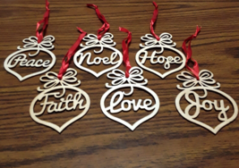 Christmas Ornaments Wood Laser Cut Ribbon Peace Hope Faith Love Joy Noel Set 6 - £14.58 GBP