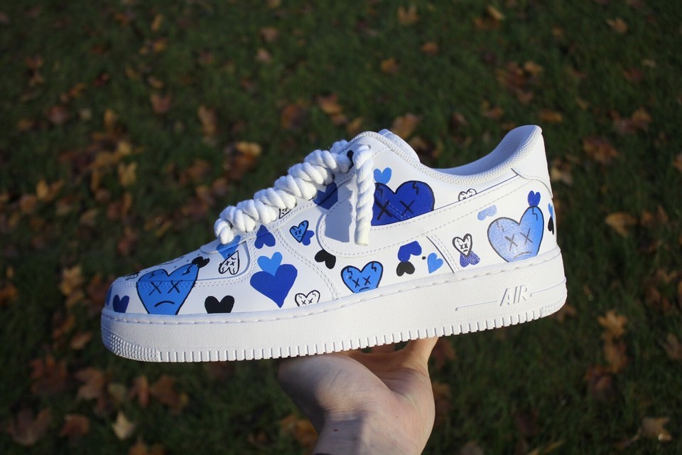 Blue Heart Air Force 1s – Custom Painted White AF1s with Love &amp; Street A... - £168.80 GBP