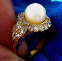 Earth mined Diamond Pearl Deco Engagement Ring 1ct Statement Pave Solid 18k Gold - $3,320.25