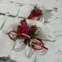 Corsage Boutonnière Lot Of 2 Red Rose White Ribbon Lace Prom Groom Vintage - £9.30 GBP