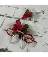 Corsage Boutonnière Lot Of 2 Red Rose White Ribbon Lace Prom Groom Vintage - $11.88