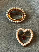 Vintage Lot of Napier Open Goldtone Oval w Faux Pearls &amp; Avon Marked Heart w Red - £8.99 GBP